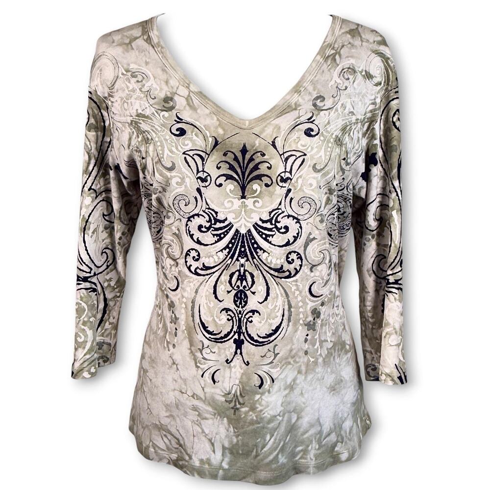 Glima Y2K Jersey Top Shirt Green Tie Dye Fairy Scroll Paisley Artsy V Neck 3/4 M